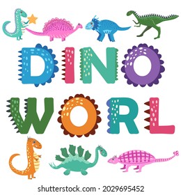 Dinosaurs world poster. cartoon dinosaurs and hand lettering. t-rex, tyrannosaurus, pterosaur, pterodactyl, triceratops brontosaurus eoraptor