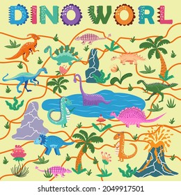 Dinosaurs world poster. cartoon dinosaurs and hand lettering. t-rex, tyrannosaurus, pterosaur, pterodactyl, triceratops brontosaurus eoraptor