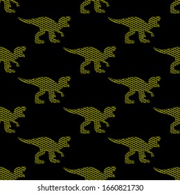 Dinosaurs with yellow grunge texture on black background, seamless pattern.