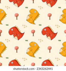 Dinosaurs yellow red color cartoon so cute. On mountain grass tree background. Pattern vector seamless illustration. 