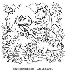 Dinosaurs,Black and white coloring pages for kids, simple lines, cartoon style, happy, cute, funny, many things in the world.