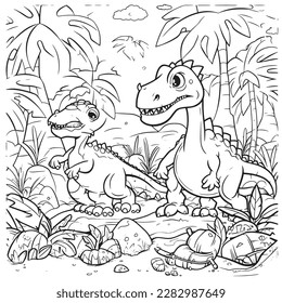 Dinosaurs,Black and white coloring pages for kids, simple lines, cartoon style, happy, cute, funny, many things in the world.