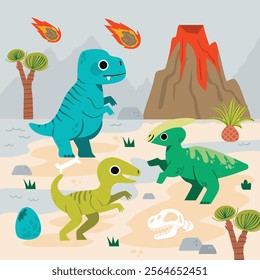 Dinosaur-Themed Prehistoric Set for Kids’ Projects with Colorful Dinosaurs Volcanoes Plants Eggs Skeletons and Meteor Elements