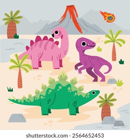 Dinosaur-Themed Prehistoric Set for Kids’ Projects with Colorful Dinosaurs Volcanoes Plants Eggs Skeletons and Meteor Elements