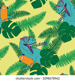 Dinosaur,tropical leaves seamless pattern Print