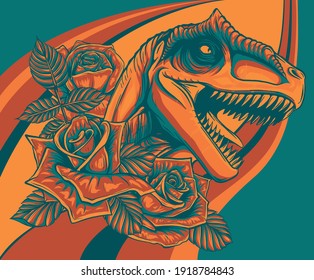 dinosaurus allosaurus head with roses vector illustration design