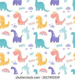 Dinosaurus cute  seamless pattern with rainbow, palm tree, stone, branch isolated on white background. Vector flat illustration. Design for childish textile, fabric, wallpaper, wrapping