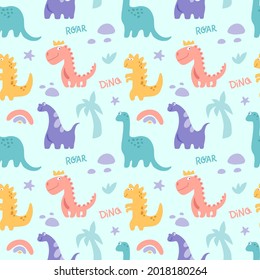 Dinosaurus cute  seamless pattern with rainbow, palm tree, stone, branch isolated on blue background. Vector flat illustration. Design for childish textile, fabric, wallpaper, wrapping
