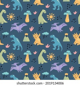 Dinosaurus cute seamless pattern with sun, baobab tree, volcano, branch isolated on dark blue background. Vector flat illustration. Design for childish textile, fabric, wallpaper, wrapping