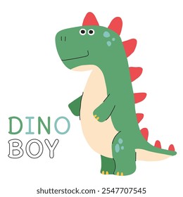 Dinossauro vetor bonito. Dino menino com letras. Carrinho de aniversário de animais T-rex ou impressão de camiseta. Faça para cartões de felicitações e festa do chá de bebê. Ilustração isolada plana.