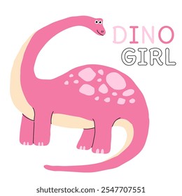 Dinosaurus cute vector. Dino girl lettering. Prehistoric animal like brachiosaurus. Make for greeting cards and baby shower party. Flat isolated illustration.