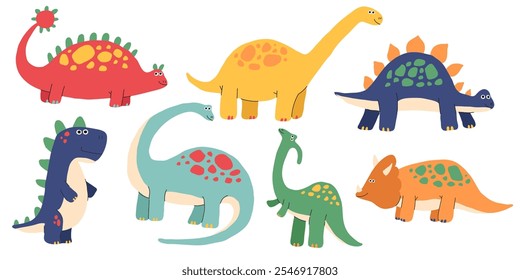 Dinosaurus cute vector set. Dino Dinosaurus prehistoric animals like pterosaur and stegosaurus, brachiosaurus and pterosaur. Flat isolated illustration.