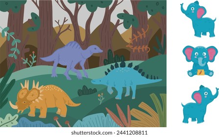 dinosaurus and elephant playing together