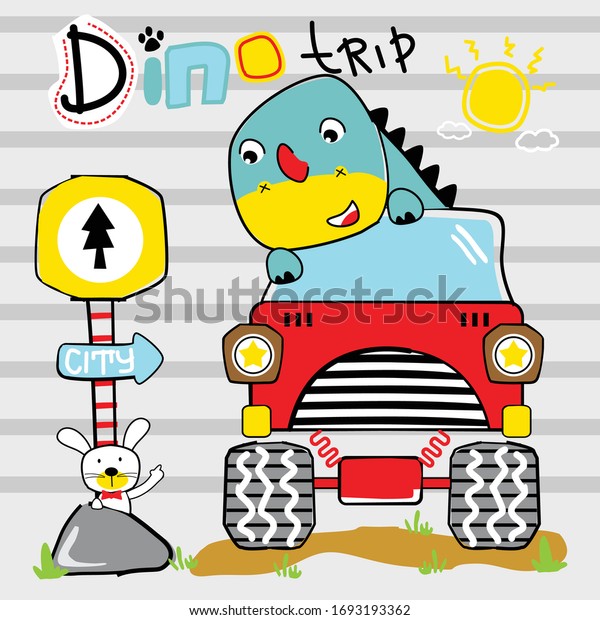 dinosaurus on the car funny animal\
cartoon,vector\
illustration