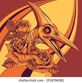 dinosaurus pteranodon head with flower vector illustration design