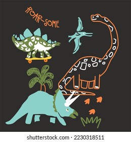 dinosaurus roar some in the jungle, hand drawn style with slogan roar some vector. for design tshirt kids and other print