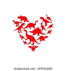 Dinosaurus in shape of the heart. Red color. Silhouettes of preistoric animal. Vector illustration. T shirt print, template for greeting card, poster, banner. Wildlife concept