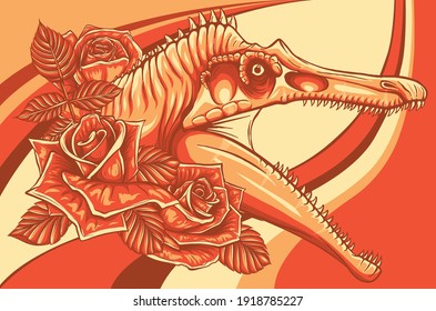 dinosaurus Spinosaurus head with roses vector illustration design