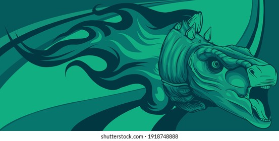 dinosaurus stegosaurus head with flames vector illustration design