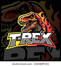 Dinosaurus t-rex logo badge with fire