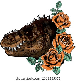 Dinosaurus tyrannosaurus rex head. Dinosaur and roses frame.