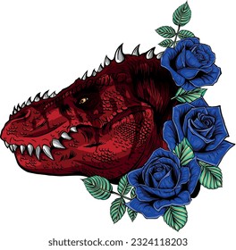 Dinosaurus tyrannosaurus rex head. Dinosaur and roses frame.