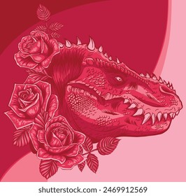 Dinosaurus tyrannosaurus rex head. Dinosaur and roses frame.