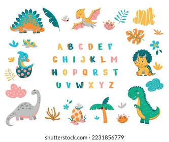 Dinosuars alphabet concept. Educational material for children, education and development of kids skills. Reading lessons, fantasy and imagination, animals BC. Cartoon flat vector illustration