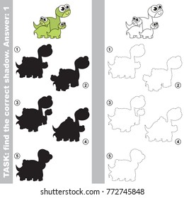 Dinosur Brontosaurus and her Infants to find the correct shadow, the matching educational kid game to compare and connect objects and their true shadows, simple gaming level for preschool kids.