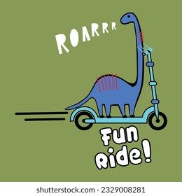 DINOSURE FUNNY RIDE WITH ROAR ON OLIVE BACKGROUN GRAPHICS ILLUSTRATION DESIGN.