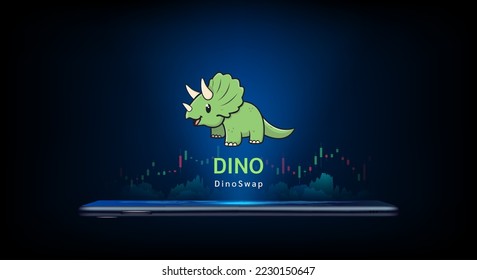 DinoSwap cryptocurrency symbol come out from smartphone with growth chart. Trading crypto currency on application. Financial investment banner for news or website. Icon coin token vector EPS10.