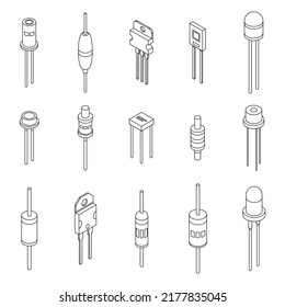 Diode-Symbole gesetzt. Isometrischer Satz von Diodenvektorsymbolen dünne Linie Umriss auf weiß einzeln