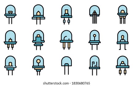 Icono de diodo establecido. Conjunto de esquemas de iconos vectoriales de diodo color de línea delgada plano sobre blanco