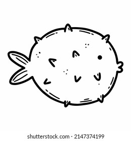 Diodon. Vector doodle illustration. Underwater world. Life in sea and ocean. Coloring book for kids. Fish ball.
