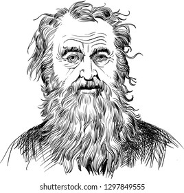 Diogenes the Cynic (404-323 BC) portrait in line art. He was ancient Greek philosopher, one of the founders of the Cynic philosophy that emphasized Stoic self-sufficiency and the rejection of luxury.