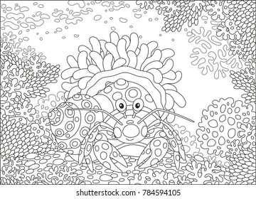 A Diogenes-crab with an actinia on a coral reef in a tropical sea, a black and white vector illustration in cartoon style