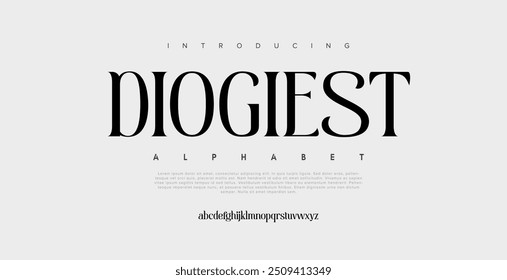 Diogest premium luxury elegant alphabet letters and numbers. Elegant wedding typography classic serif font decorative vintage retro. Creative vector illustration