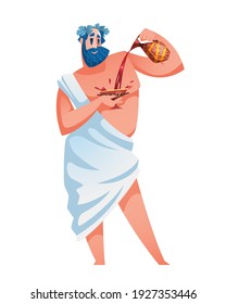 Dionysus. Ancient greek god with a jug of wine in one hand and a chalice in the other. The mythological deity of Olympia. Vector illustration.