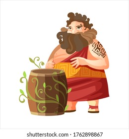 Dionysus, Ancient Greek God Of Wine. Ancient Greece Mythology. Fat Man With A Barrel Of Wine. Flat Vector Illustration. Isolated On White Background