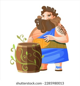 Dionisio, antiguo dios griego del vino. La mitología griega antigua. Hombre gordo con barril de vino. Ilustración vectorial plana. Aislado sobre fondo blanco