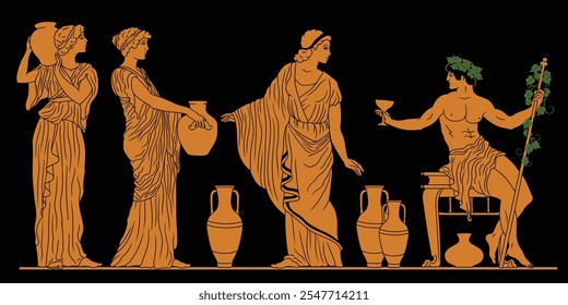 Dionysus and Ariadne with jugs of wine. Heroes of ancient Greek myths