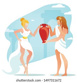 Dionysus or Bacchus and Ariadne Beautiful Deities Couple on Olympus Mountain Wearing White Tunic Holding Amphora with Wine, Ancient Greek Mythology God and Goddess. Cartoon Flat Vector Illustration