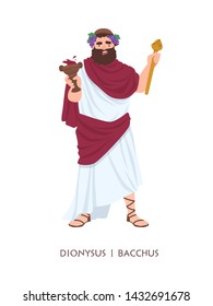 Dionysus or Bacchus - god or deity of wine, winemaking and fertility in ancient Greek and Roman religion or mythology. Mythological character isolated on white background. Cartoon vector illustration.