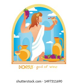 Dionysus or Bacchus in Greek Mythology God of Wine, Fruitful Forces of Earth, Vegetation, Viticulture and Winemaking, Son of Zeus and Theban Princess Semele. Cartoon Flat Vector Illustration, Banner