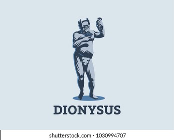 Dionysus or Bacchus holds a bunch of grapes and a glass of wine in his hands. Vector emblem.