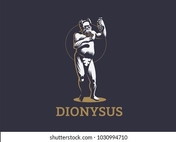 Dionysus or Bacchus holds a bunch of grapes and a glass of wine in his hands. Vector emblem.