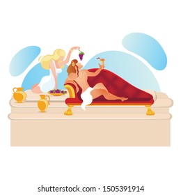 Dionysus God Of Wine And Goddess Ariadne In Ancient Greek Mythology. Athlete Eating Grapes And Drinking Vine. Woman Holding Grapes Bunch. Amphora Jugs Stand Around Cartoon Flat Vector Illustration