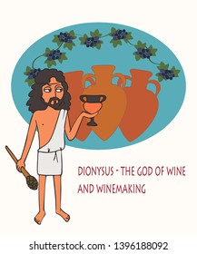 Dionysus the god of wine and winemaking, funny vector cartoon of character from Greek mythology