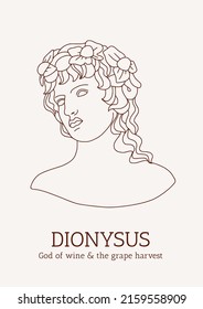 Dionysus. Linear antique statue head. Trendy modern vector print with ancient classical sculpture of god. Greece mythology. Antique classic line art for fashion t-shirt, printing, poster, tatoo