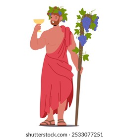 Dionysus Mythological Greek God Character Rejoicing and Holding A Golden Goblet Staff Decorated With Grapes And Grapevine, Symbolizing Deity From Ancient Greek Mythology. Cartoon Vector Illustration